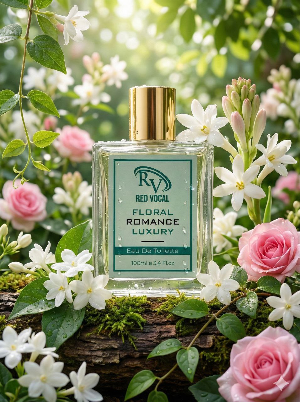 Perfume bottle labeled 'Red Vocal Floral Romance Luxury' surrounded by flowers and greenery Red Vocal Floral Romance Luxury Premium Perfume Eau De Toilette – Women’s 100ml Elegant & Long-Lasting Fragrance