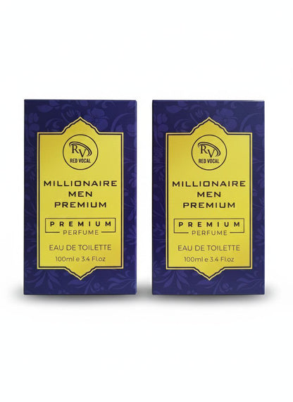 Two boxes of Millionaire Men Premium perfume on a white background Red Vocal Millionaire Men Premium Perfume Eau De Toilette – Long-Lasting 100ml Bold & Luxurious Set of 2 Fragrance