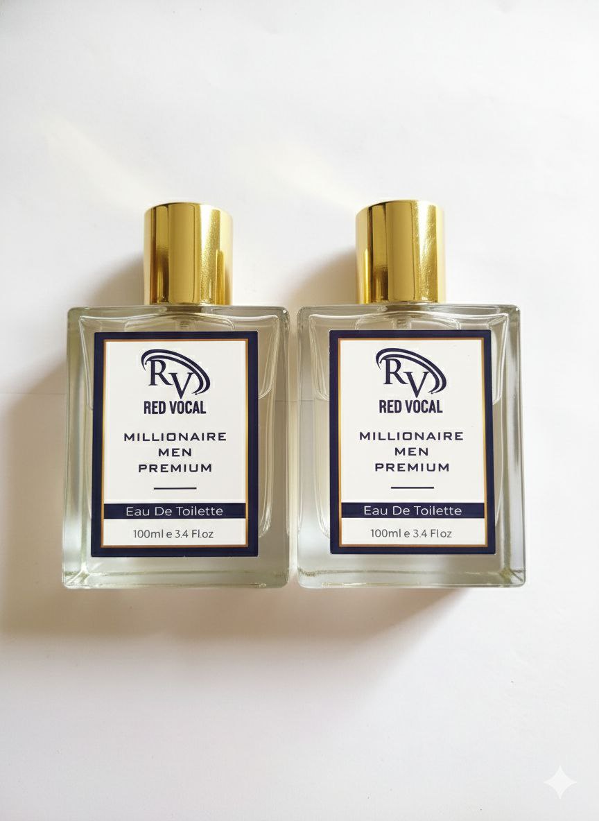 Two bottles of Red Vocal Millionaire Men Premium Eau De Toilette on a white background Red Vocal Millionaire Men Premium Perfume Eau De Toilette – Long-Lasting 100ml Bold & Luxurious Set of 2 Fragrance