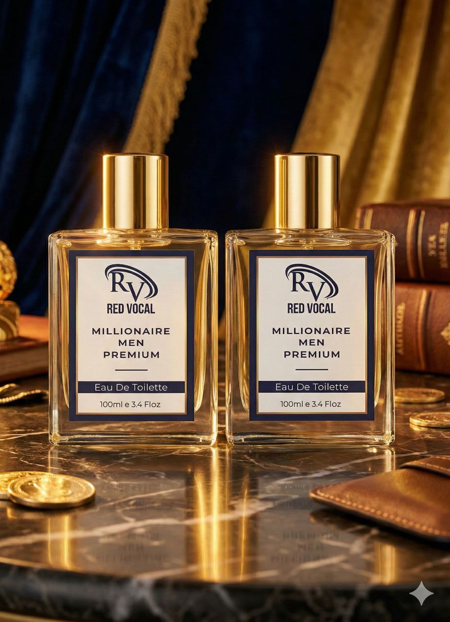 Two bottles of Red Vocal Millionaire Men Premium Eau De Toilette on a reflective surface with a luxurious background. Red Vocal Millionaire Men Premium Perfume Eau De Toilette – Long-Lasting 100ml Bold & Luxurious Set of 2 Fragrance