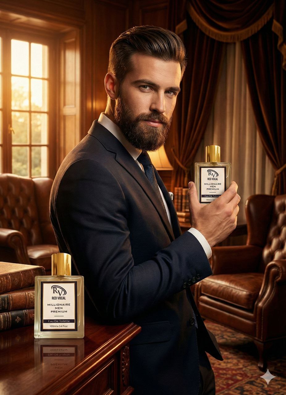Man in a suit holding a perfume bottle in an elegant room with leather furniture. Red Vocal Millionaire Men Premium Perfume Eau De Toilette – Long-Lasting 100ml Bold & Luxurious Set of 2 Fragrance