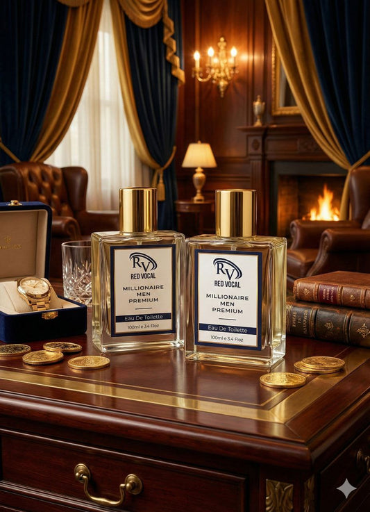 Two bottles of Red Vagal Millionaire Men Premium perfume on a wooden table with a luxurious room  Red Vocal Millionaire Men Premium Perfume Eau De Toilette – Long-Lasting 100ml Bold & Luxurious Set of 2 Fragrancebackground.