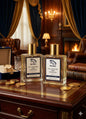 Two bottles of Red Vagal Millionaire Men Premium perfume on a wooden table with a luxurious room  Red Vocal Millionaire Men Premium Perfume Eau De Toilette – Long-Lasting 100ml Bold & Luxurious Set of 2 Fragrancebackground.