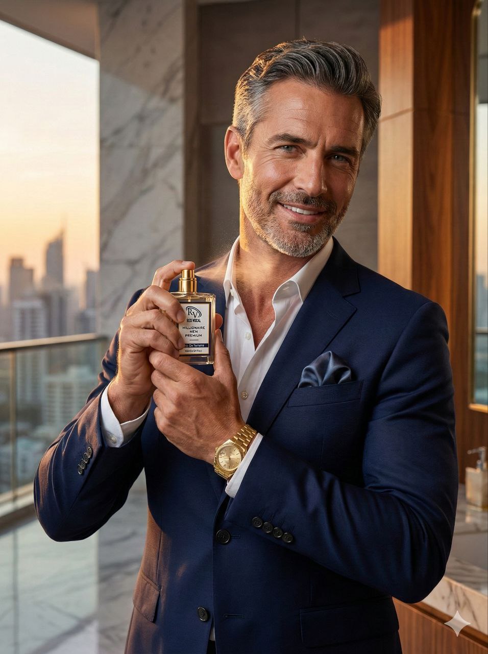 Man in a suit holding a perfume bottle with a cityscape in the backgroundRed Vocal Millionaire Men Premium & Floral Romance luxury Perfume Set For Women | Long-Lasting Premium Eau De Toilette | 2×100ml Gift Combo