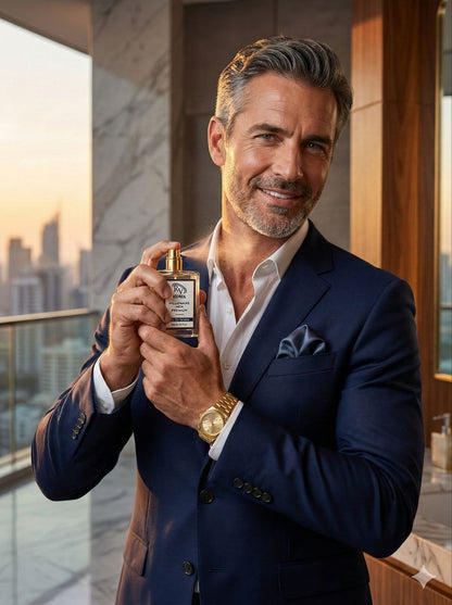Man in a suit holding a perfume bottle with a cityscape in the backgroundRed Vocal Millionaire Men Premium & Floral Romance luxury Perfume Set For Women | Long-Lasting Premium Eau De Toilette | 2×100ml Gift Combo