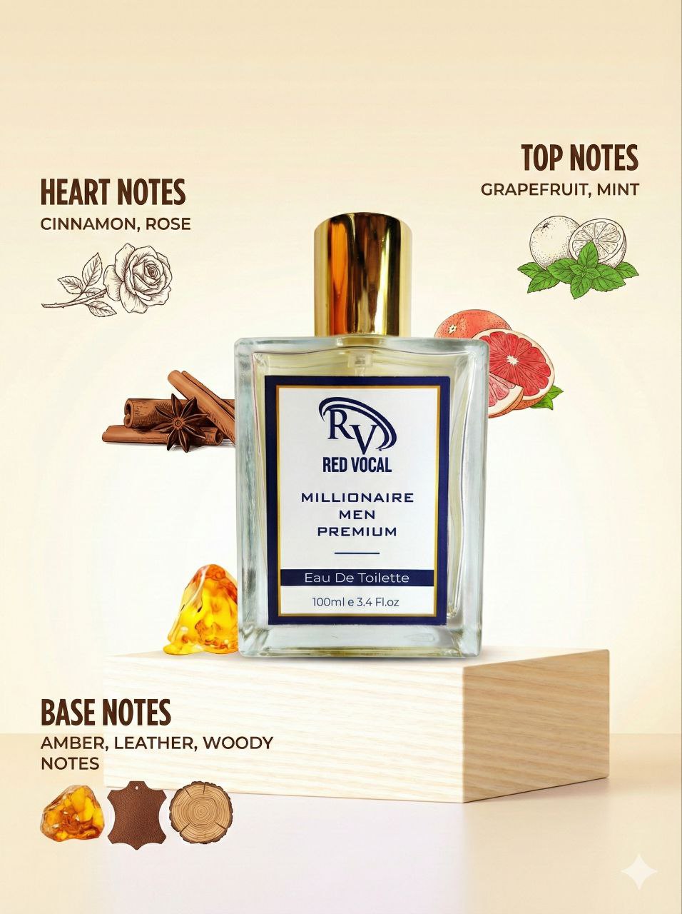 Perfume bottle with flavor notes on a beige background Red Vocal Millionaire Men Premium & Floral Romance luxury Perfume Set For Women | Long-Lasting Premium Eau De Toilette | 2×100ml Gift Combo