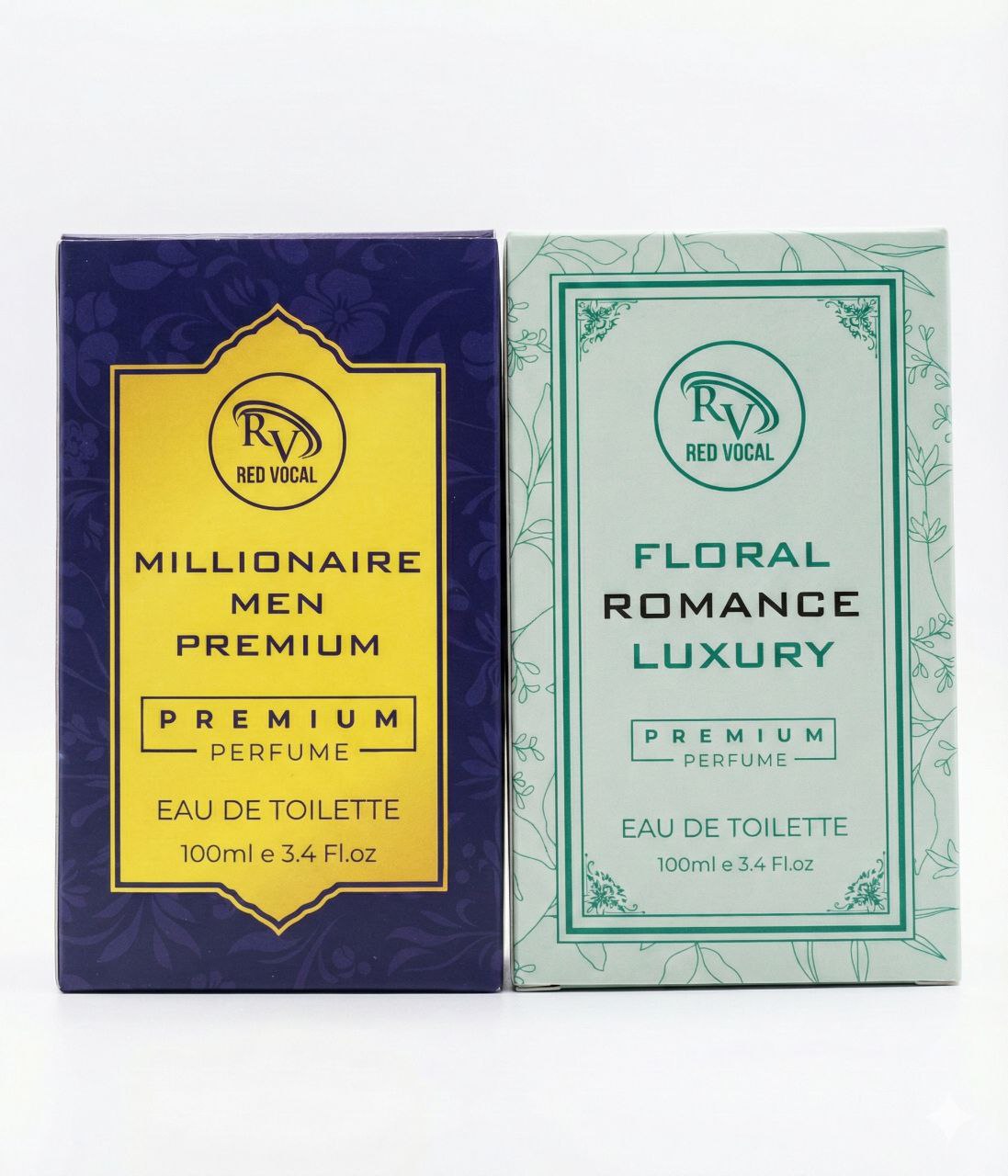 Two perfume boxes from Red Vocal, one blue and yellow, the other green and white, on a white background. Red Vocal Millionaire Men Premium & Floral Romance luxury Perfume Set For Women | Long-Lasting Premium Eau De Toilette | 2×100ml Gift Combo
