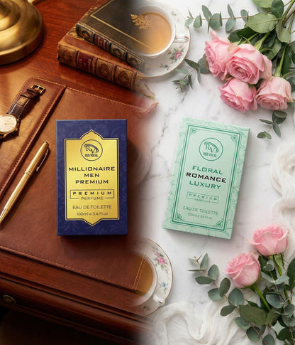 Two men's toiletries packaging on a table with flowers and books Red Vocal Millionaire Men Premium & Floral Romance luxury Perfume Set For Women | Long-Lasting Premium Eau De Toilette | 2×100ml Gift Combo