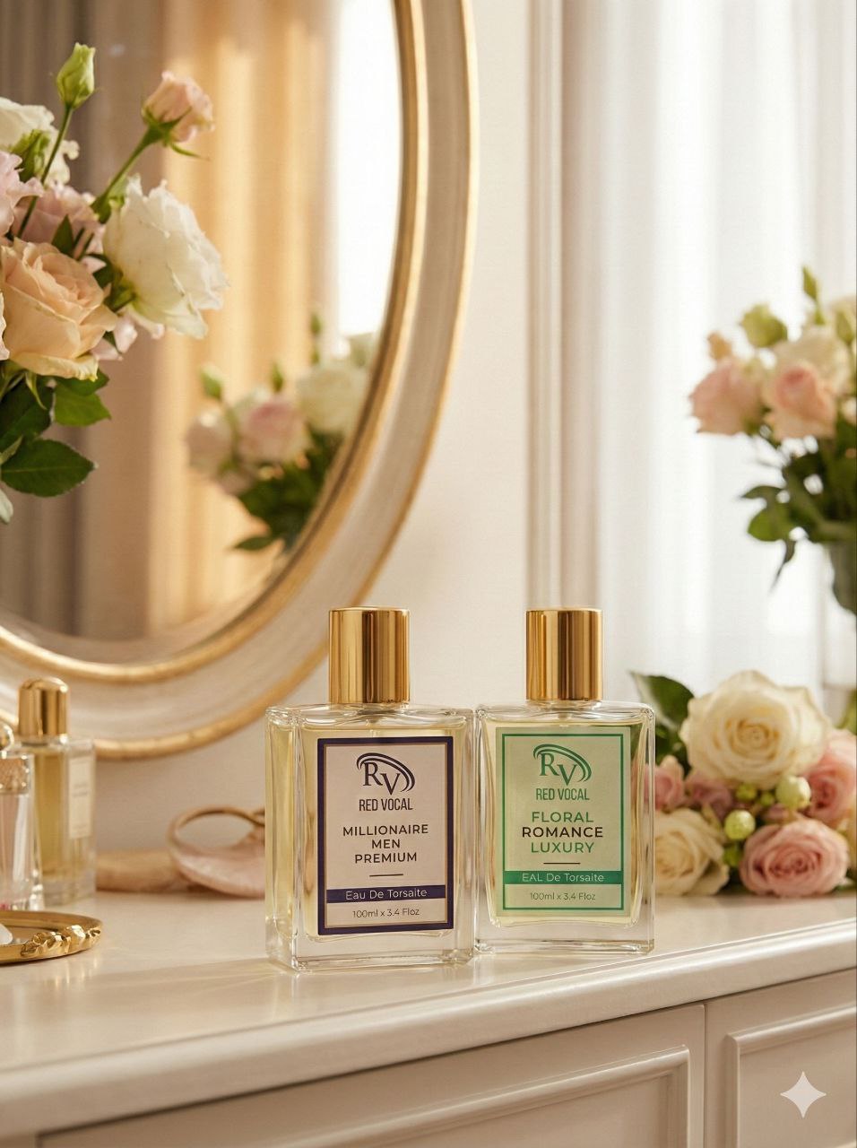 Two perfume bottles on a dresser with flowers and a mirror in the background Red Vocal Millionaire Men Premium & Floral Romance luxury Perfume Set For Women | Long-Lasting Premium Eau De Toilette | 2×100ml Gift Combo