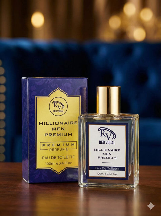 Perfume bottle and packaging of Red Vocal Millionaire Men Premium on a wooden surface with blurred background Millionaire Men Premium Perfume Eau De Toilette – Long-Lasting 100ml Bold & Luxurious Fragrance