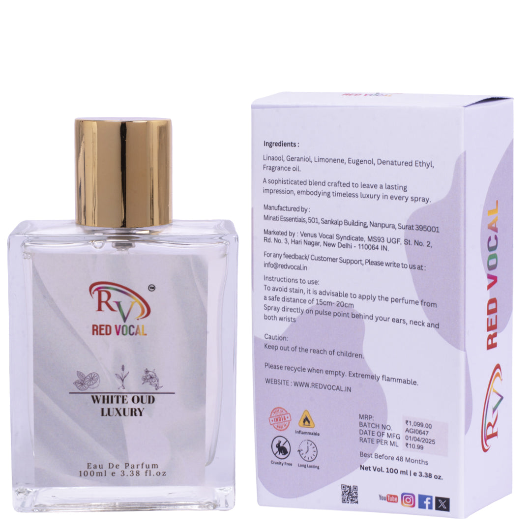 Red Vocal White Oud Eau De Parfum 100ml – Elegant Woody Oud Unisex Perfume Inspired by Ahmed Al Maghribi