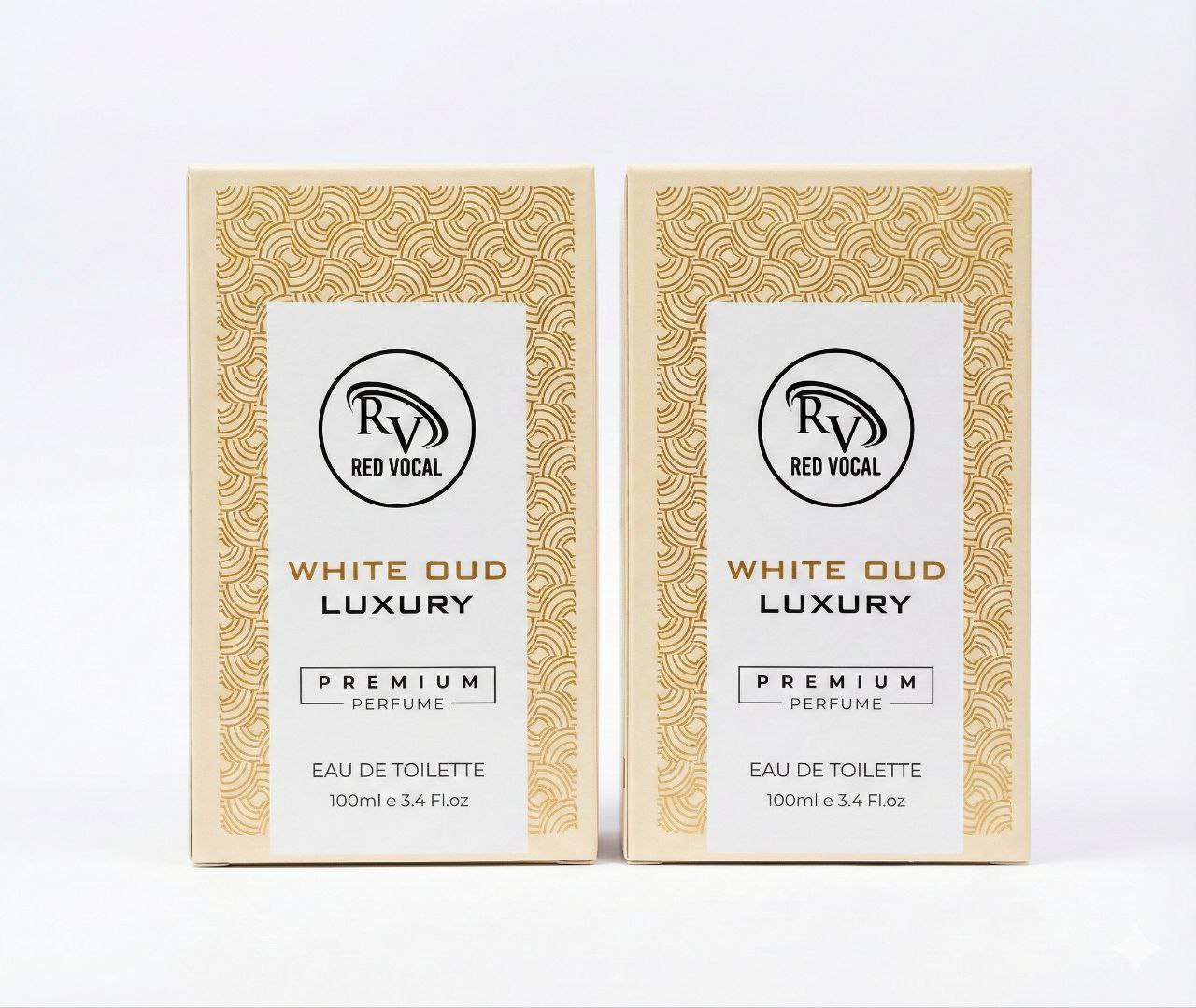 Two boxes of Red Vocal White Oud Luxury perfume on a white  Red Vocal White Oud Luxury Premium Perfume Eau De Toilette – Unisex 100ml Bold & Long-Lasting Set of 2 Fragrancebackground