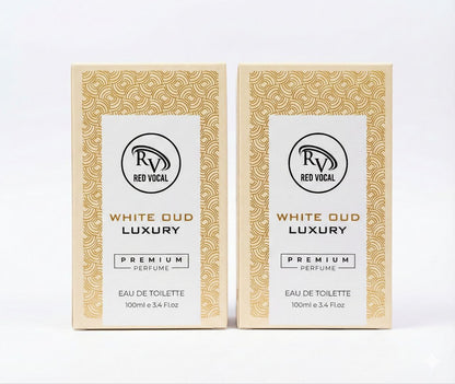 Two boxes of Red Vocal White Oud Luxury perfume on a white  Red Vocal White Oud Luxury Premium Perfume Eau De Toilette – Unisex 100ml Bold & Long-Lasting Set of 2 Fragrancebackground