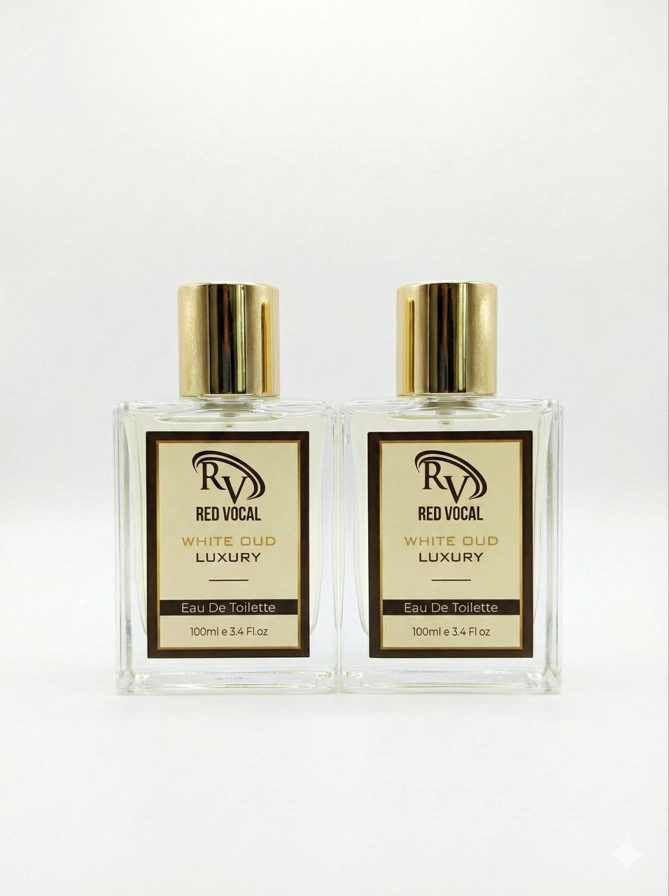 Two bottles of Red Vocal White Oud Luxury Eau De Toilette on a white background Red Vocal White Oud Luxury Premium Perfume Eau De Toilette – Unisex 100ml Bold & Long-Lasting Set of 2 Fragrance