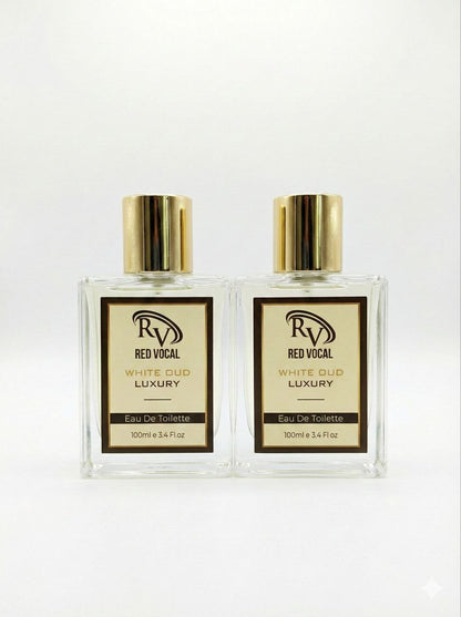 Two bottles of Red Vocal White Oud Luxury Eau De Toilette on a white background Red Vocal White Oud Luxury Premium Perfume Eau De Toilette – Unisex 100ml Bold & Long-Lasting Set of 2 Fragrance