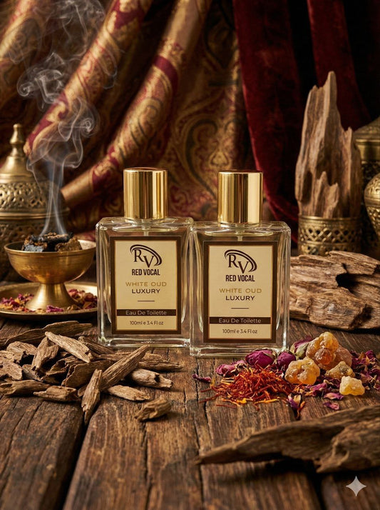 Two bottles of Red Vical luxury perfume on a wooden surface with incense and spices. Red Vocal White Oud Luxury Premium Perfume Eau De Toilette – Unisex 100ml Bold & Long-Lasting Set of 2 Fragrance
