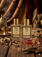 Two bottles of Red Vical luxury perfume on a wooden surface with incense and spices. Red Vocal White Oud Luxury Premium Perfume Eau De Toilette – Unisex 100ml Bold & Long-Lasting Set of 2 Fragrance