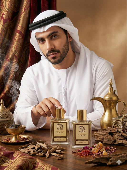 Man in traditional attire with perfume bottles and decorative items on a  Red Vocal White Oud Luxury Premium Perfume Eau De Toilette – Unisex 100ml Bold & Long-Lasting Set of 2 Fragrancetable