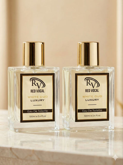 Two bottles of Red Vocal White Oud Luxury Eau De Toilette on a beige background Red Vocal White Oud Luxury Premium Perfume Eau De Toilette – Unisex 100ml Bold & Long-Lasting Set of 2 Fragrance