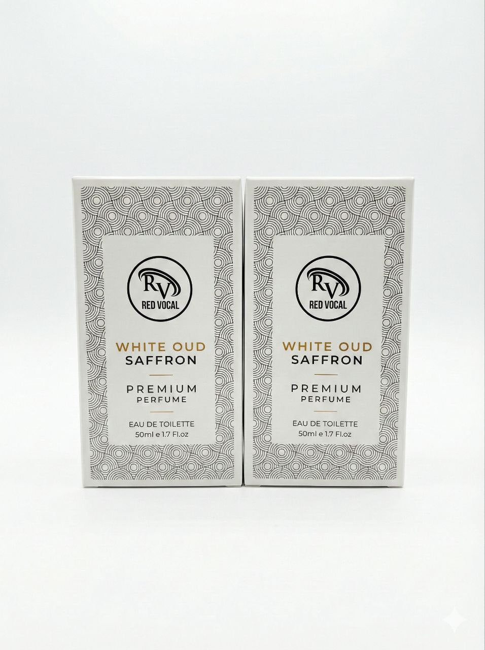 Two boxes of Red Vanilla White Oud Saffron perfume on a white  Red Vocal White Oud Saffron Premium Perfume Eau De Toilette 50ml –  Luxury Fragrance For Unisex Set of 2background