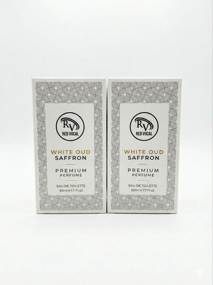 Two boxes of Red Vanilla White Oud Saffron perfume on a white  Red Vocal White Oud Saffron Premium Perfume Eau De Toilette 50ml –  Luxury Fragrance For Unisex Set of 2background