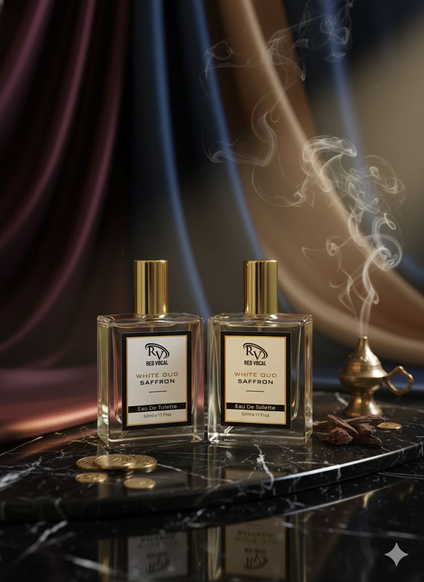 Two perfume bottles on a dark surface with smoke and a purple curtain in the background Red Vocal White Oud Saffron Premium Perfume Eau De Toilette 50ml –  Luxury Fragrance For Unisex Set of 2