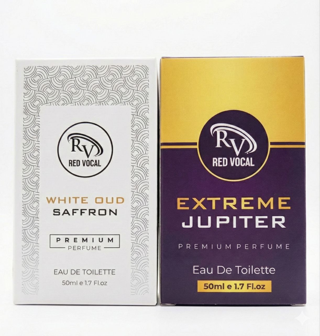 Two perfume boxes from Red Vocal on a white background Red Vocal White Oud Saffron For Unisex & Extreme Jupiter Premium Perfume Set For Women | Long-Lasting Eau De Toilette | 2 x 50ml