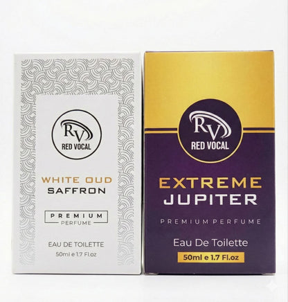Two perfume boxes from Red Vocal on a white background Red Vocal White Oud Saffron For Unisex & Extreme Jupiter Premium Perfume Set For Women | Long-Lasting Eau De Toilette | 2 x 50ml