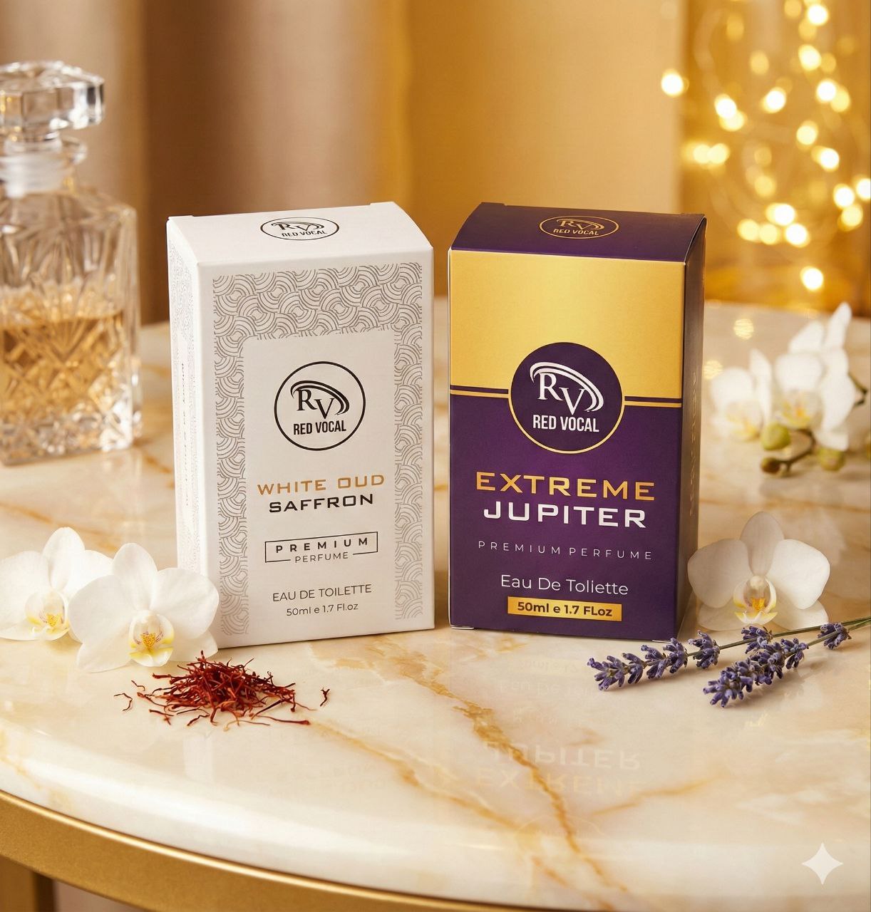 Two perfume boxes, 'White Oud Saffron' and 'Extreme Jupiter', on a marble surface with flowers and saffron. Red Vocal White Oud Saffron For Unisex & Extreme Jupiter Premium Perfume Set For Women | Long-Lasting Eau De Toilette | 2 x 50ml