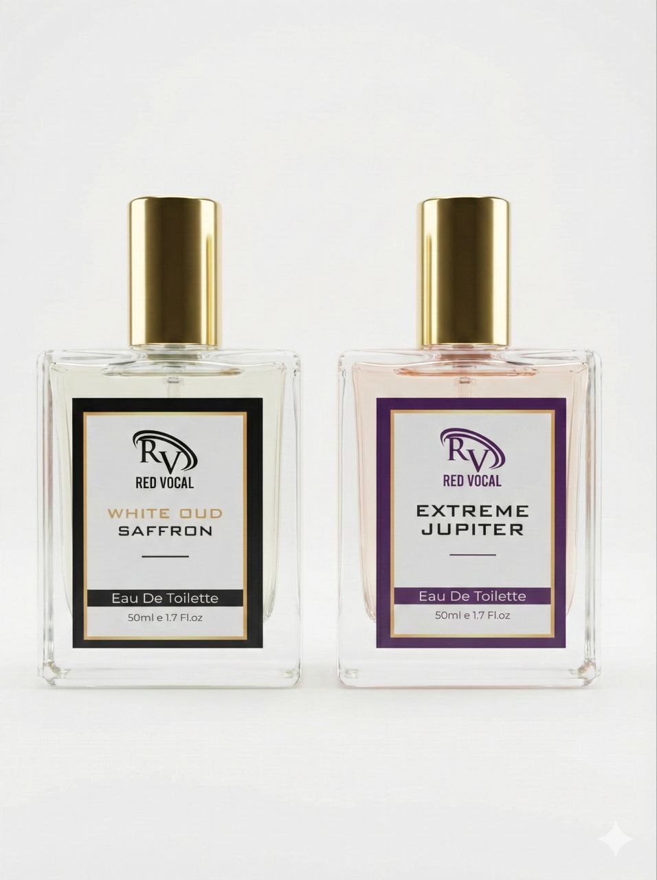 Two bottles of Red Vocal Eau De Toilette on a white background Red Vocal White Oud Saffron For Unisex & Extreme Jupiter Premium Perfume Set For Women | Long-Lasting Eau De Toilette | 2 x 50ml
