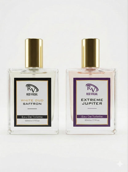 Two bottles of Red Vocal Eau De Toilette on a white background Red Vocal White Oud Saffron For Unisex & Extreme Jupiter Premium Perfume Set For Women | Long-Lasting Eau De Toilette | 2 x 50ml