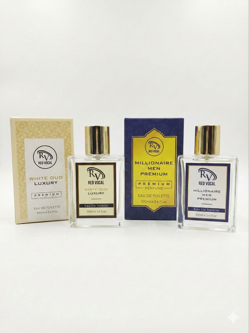 Collection of Red Vanilla men's perfume bottles and packaging on a white background WhiteOudandMillionaireMenPremium_1