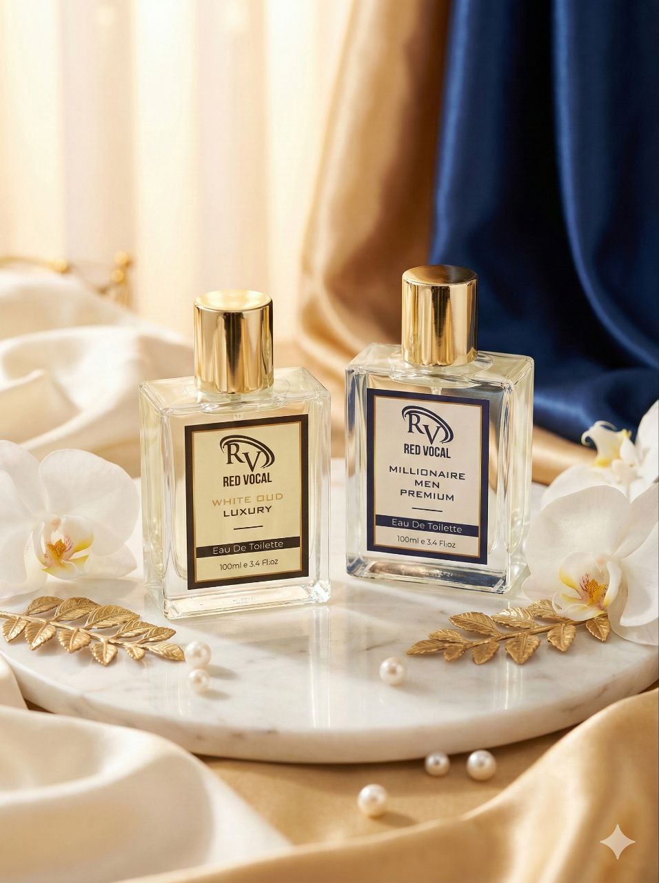 Two perfume bottles labeled 'Red Vocal' on a marble surface with flowers and leaves. WhiteOudandMillionaireMenPremium_1