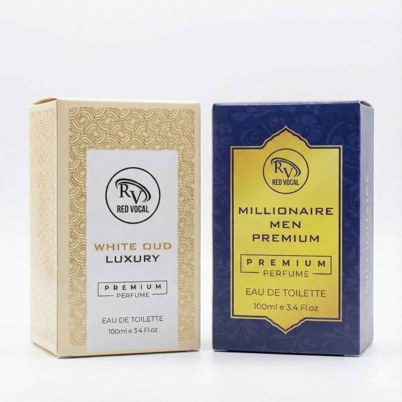 Two perfume boxes from Red Vocal on a white backgroundWhiteOudandMillionaireMenPremium_1