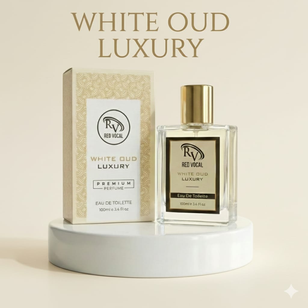 White Oud Luxury perfume bottle and packaging on a beige background Red Vocal White Oud Luxury Premium Perfume Eau De Toilette – Unisex 100ml Bold & Long-Lasting Fragrance