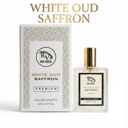 White Oud Saffron perfume bottle and packaging with 'Red Vocal' branding on a white background. Red Vocal White Oud Saffron Premium Perfume Eau De Toilette 50ml –  Luxury Fragrance For Unisex
