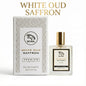 White Oud Saffron perfume bottle and packaging with 'Red Vocal' branding on a white background. Red Vocal White Oud Saffron Premium Perfume Eau De Toilette 50ml –  Luxury Fragrance For Unisex