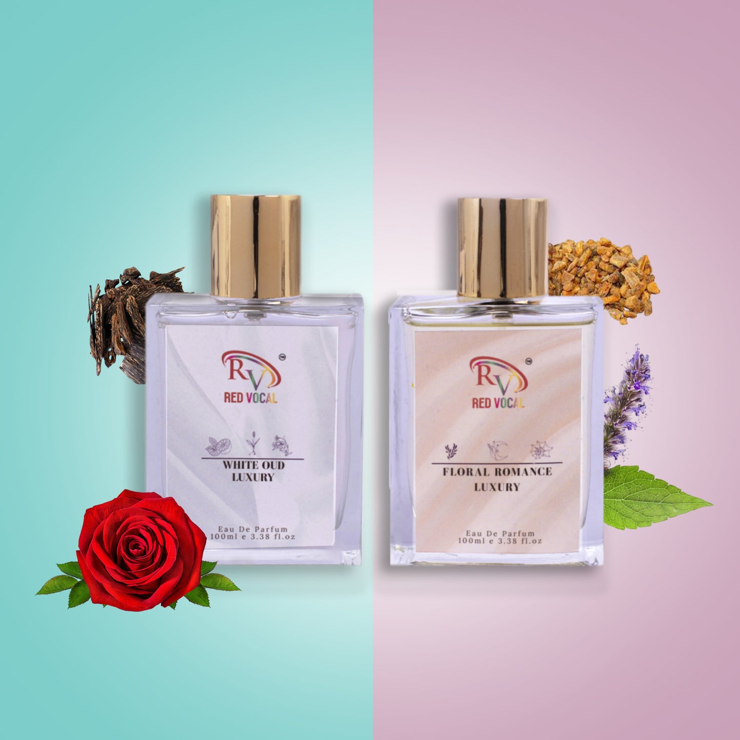 Red Vocal White Oud Luxury (Unisex) with Floral Romance Luxury (Women) Eau de Parfum Combo – 2 x 100ml