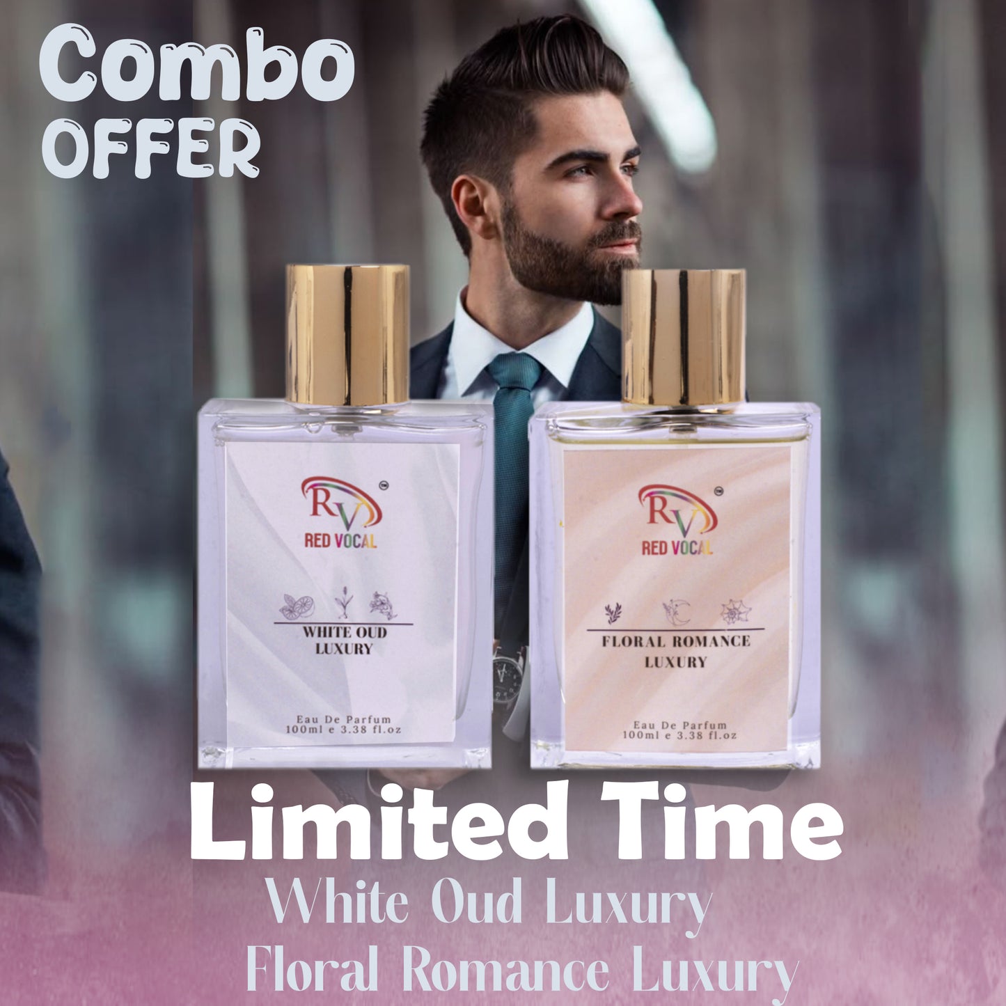 Red Vocal White Oud Luxury (Unisex) with Floral Romance Luxury (Women) Eau de Parfum Combo – 2 x 100ml