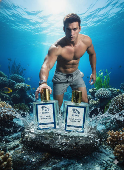 Man holding two bottles of Refrigiwear Wild Rock Premium cologne underwater with coral and fish. Red Vocal Wild Rock Premium Perfume Eau De Toilette for Men – 100ml Bold, Fresh & Long-Lasting Set of 2 Fragrance