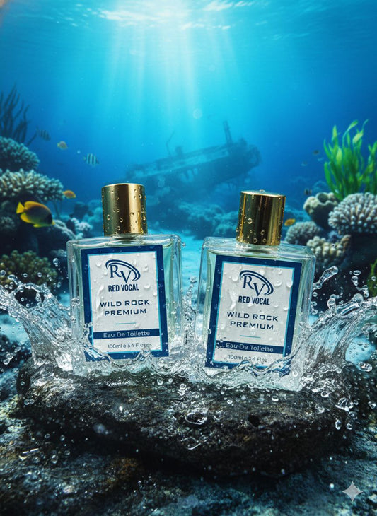 Two bottles of Wild Rock Premium perfume under water with a shipwreck and coral in the background. Red Vocal Wild Rock Premium Perfume Eau De Toilette for Men – 100ml Bold, Fresh & Long-Lasting Set of 2 Fragrance