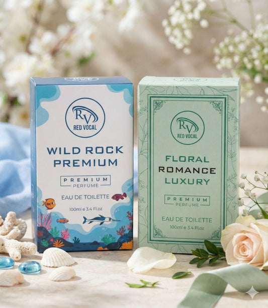 Two perfume boxes labeled 'Wild Rock Premium' and 'Floral Romance Luxury' by Red Vocal on a decorative background with flowers and seashells.