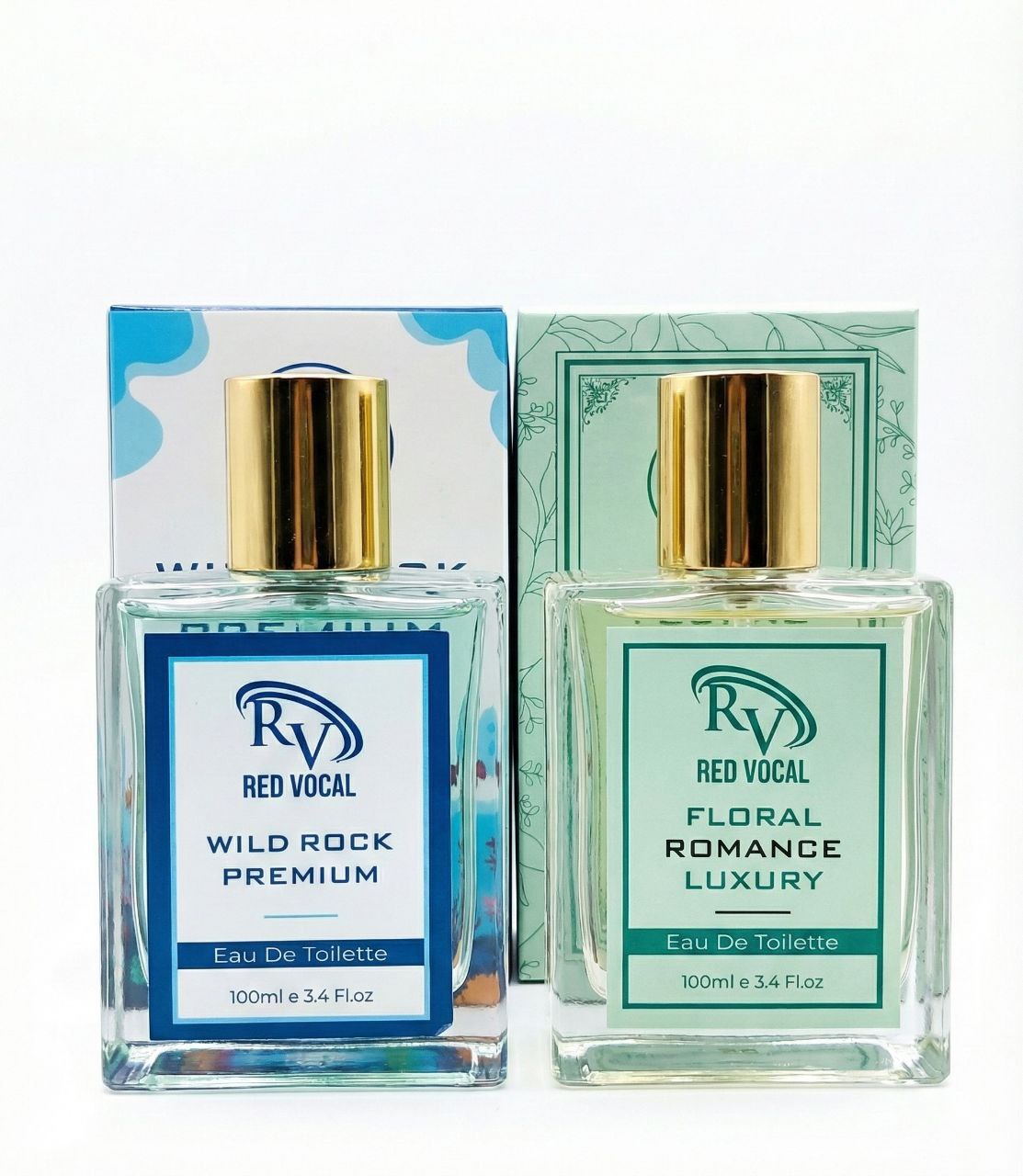 Two bottles of Red Vocal Eau De Toilette with their packaging on a white background Two perfume boxes labeled 'Wild Rock Premium' and 'Floral Romance Luxury' by Red Vocal on a decorative background with flowers and seashells.