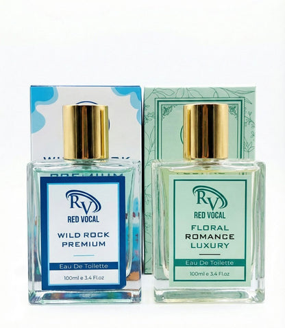 Two bottles of Red Vocal Eau De Toilette with their packaging on a white background Two perfume boxes labeled 'Wild Rock Premium' and 'Floral Romance Luxury' by Red Vocal on a decorative background with flowers and seashells.