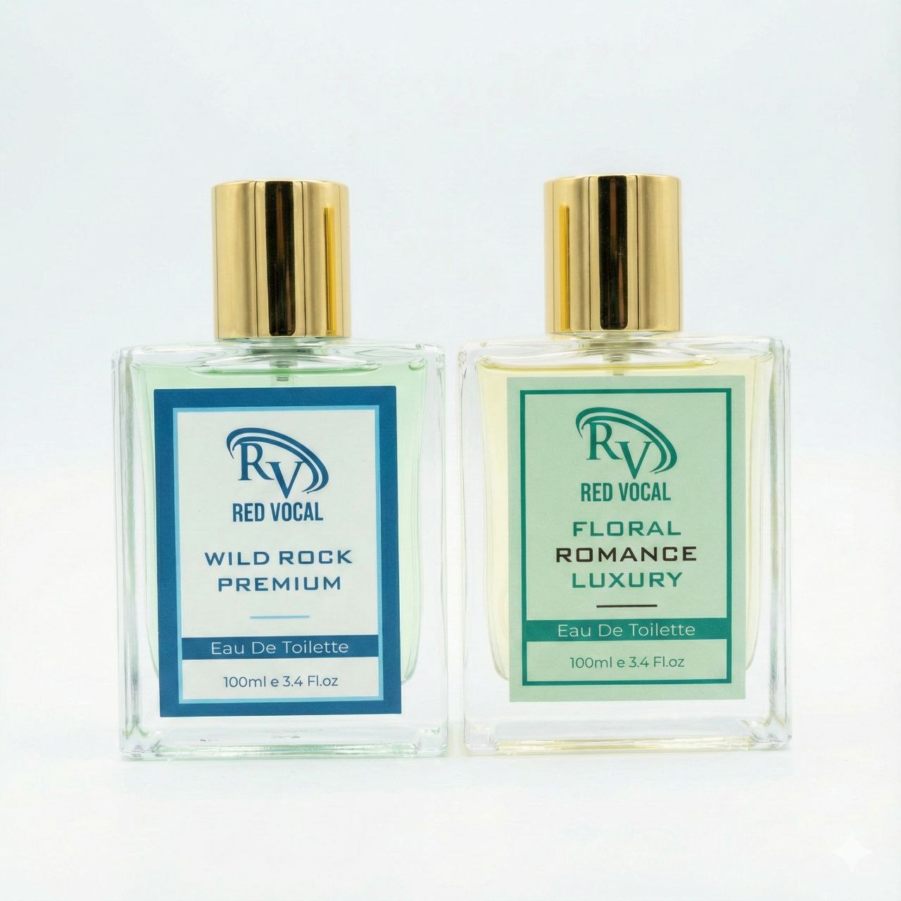 Two bottles of Red Vocal Eau De Toilette on a light gray backgroundTwo perfume boxes labeled 'Wild Rock Premium' and 'Floral Romance Luxury' by Red Vocal on a decorative background with flowers and seashells.