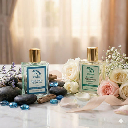 Two perfume bottles on a table with flowers and decorative elements Two perfume boxes labeled 'Wild Rock Premium' and 'Floral Romance Luxury' by Red Vocal on a decorative background with flowers and seashells.