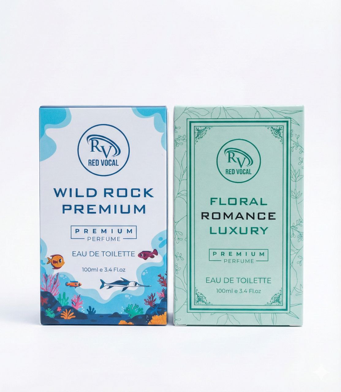 Two perfume boxes, one labeled 'Wild Rock Premium' and the other 'Floral Romance Luxury', on a white background.