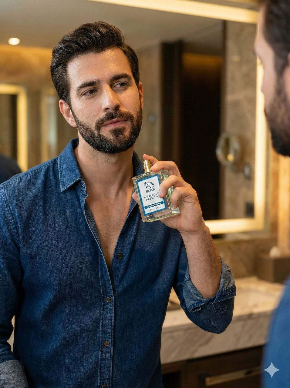 Man holding a bottle of cologne in front of a mirrorRed Vocal Wild Rock Premium For Men & Bad Angel Premium Perfume Set For Women | Long-Lasting Eau De Toilette | 2 x 100ml
