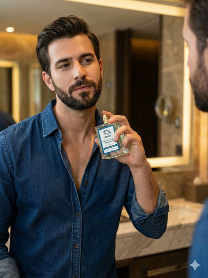 Man holding a bottle of cologne in front of a mirrorRed Vocal Wild Rock Premium For Men & Bad Angel Premium Perfume Set For Women | Long-Lasting Eau De Toilette | 2 x 100ml