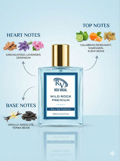 Perfume bottle labeled 'Red Vocal Wild Rock Premium' with notes on a light blue background Red Vocal Wild Rock Premium For Men & Bad Angel Premium Perfume Set For Women | Long-Lasting Eau De Toilette | 2 x 100ml